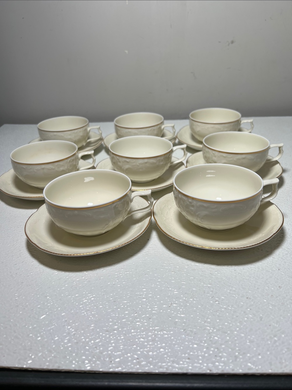 Vtg Rosenthal Germany Embossed Sanssouci Ivory Cup/Saucer Gold Trim Set of 8
